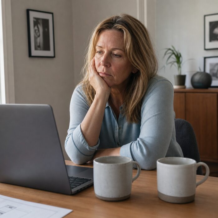 Woman sitting tired at a laptop with two coffee cups nearby