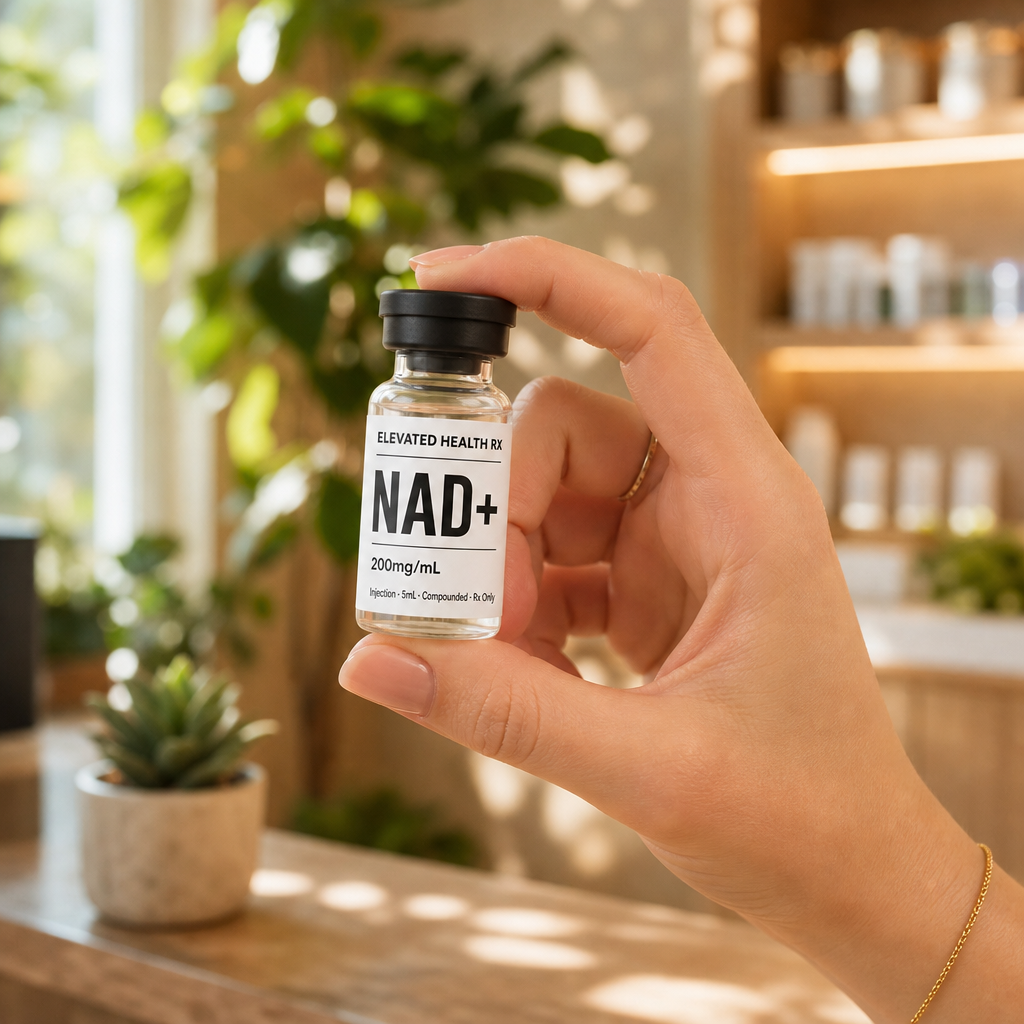 Bare hand holding Elevated Health Rx NAD+ vial in modern wellness clinic