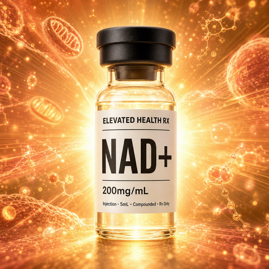 Elevated Health Rx NAD+ vial radiating cellular energy