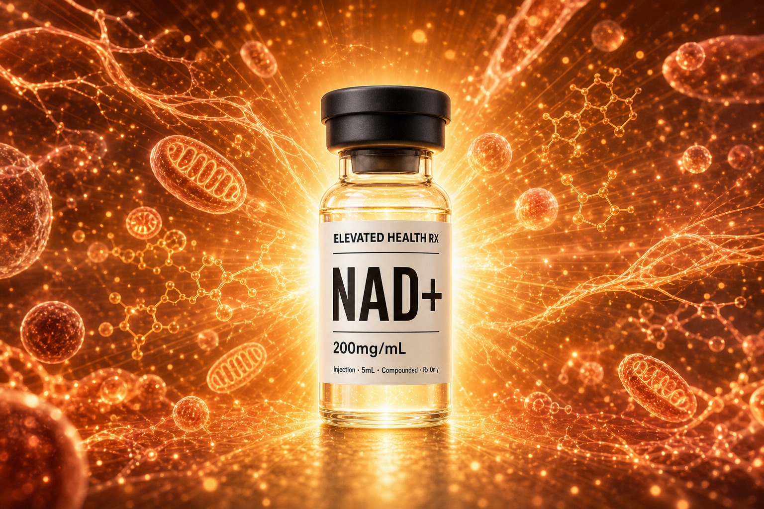 Elevated Health Rx NAD+ vial radiating cellular energy
