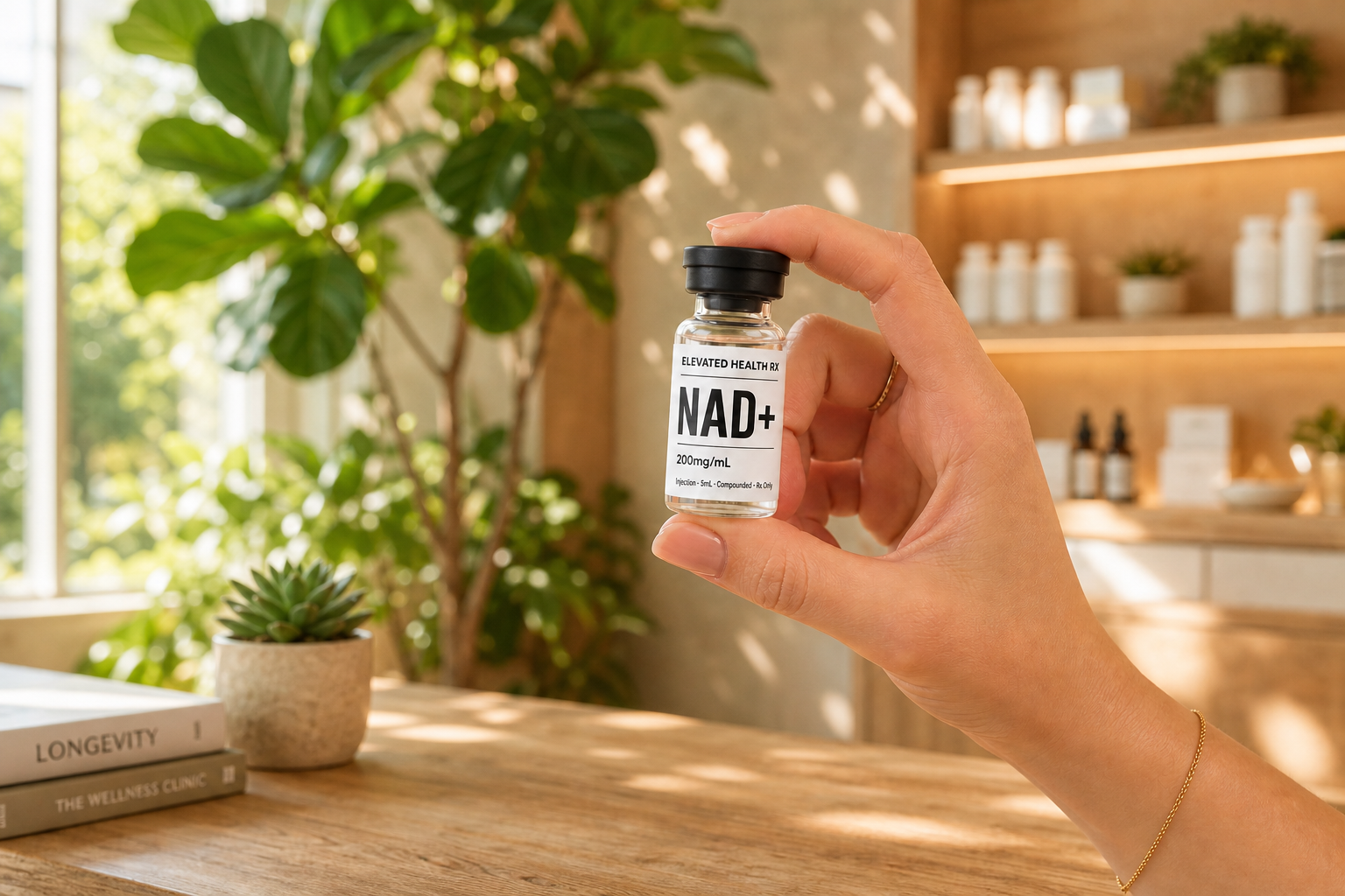 Bare hand holding Elevated Health Rx NAD+ vial in modern wellness clinic